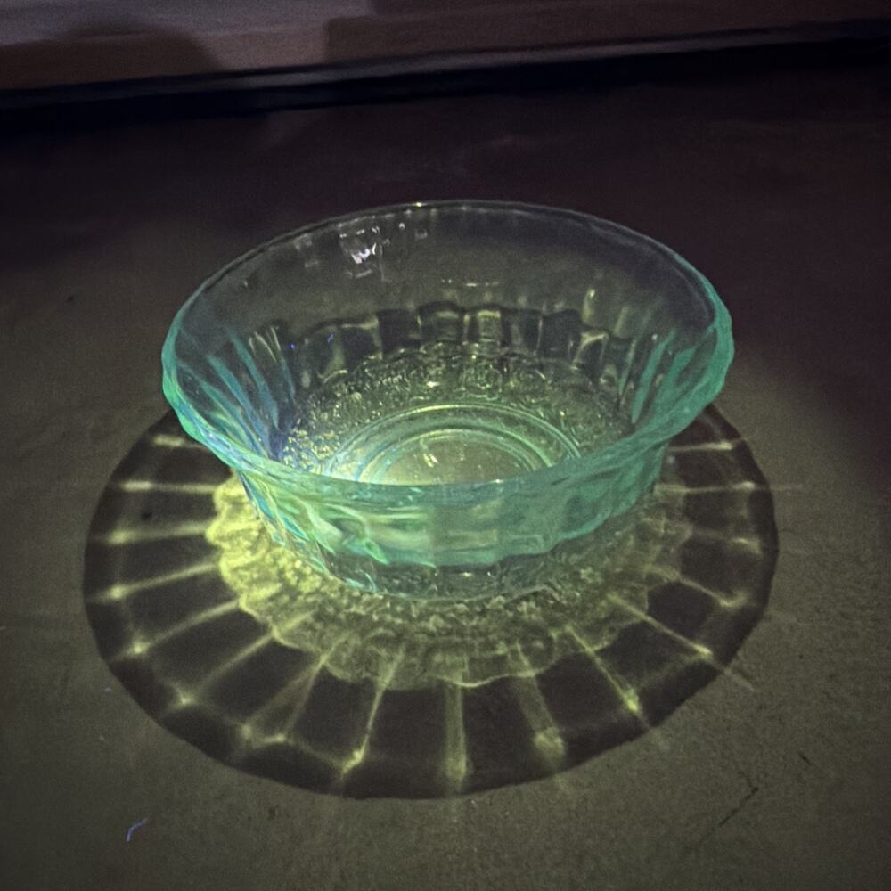 Vintage 4.5” Green Uranium / Vaseline Floral Jeanette Dessert Bowl See Pictures